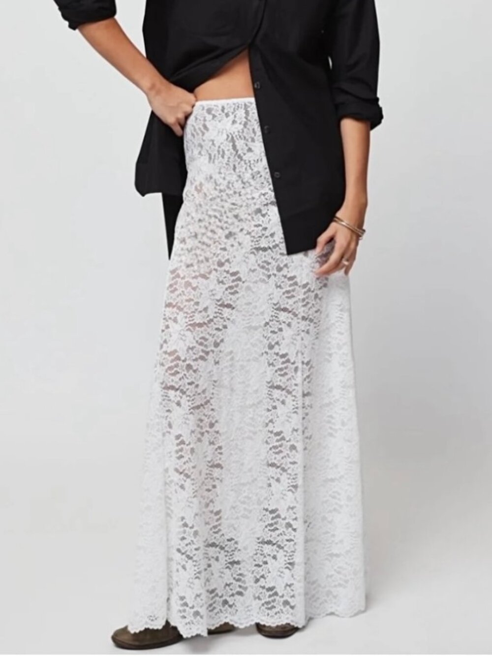 NEW Y2K Fairy Grunge White Sheer Lace Maxi Skirt Sz M Floral Romantic